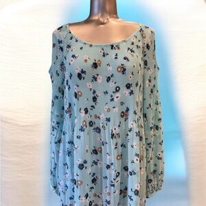 ✅ Michel Studio Floral Cold Shoulder Top - Light Blue and Multicolor